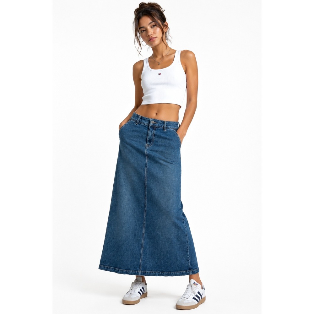 Vintage Y2K Tommy Hilfiger Women's Blue Denim Maxi Jean Skirt Women 10